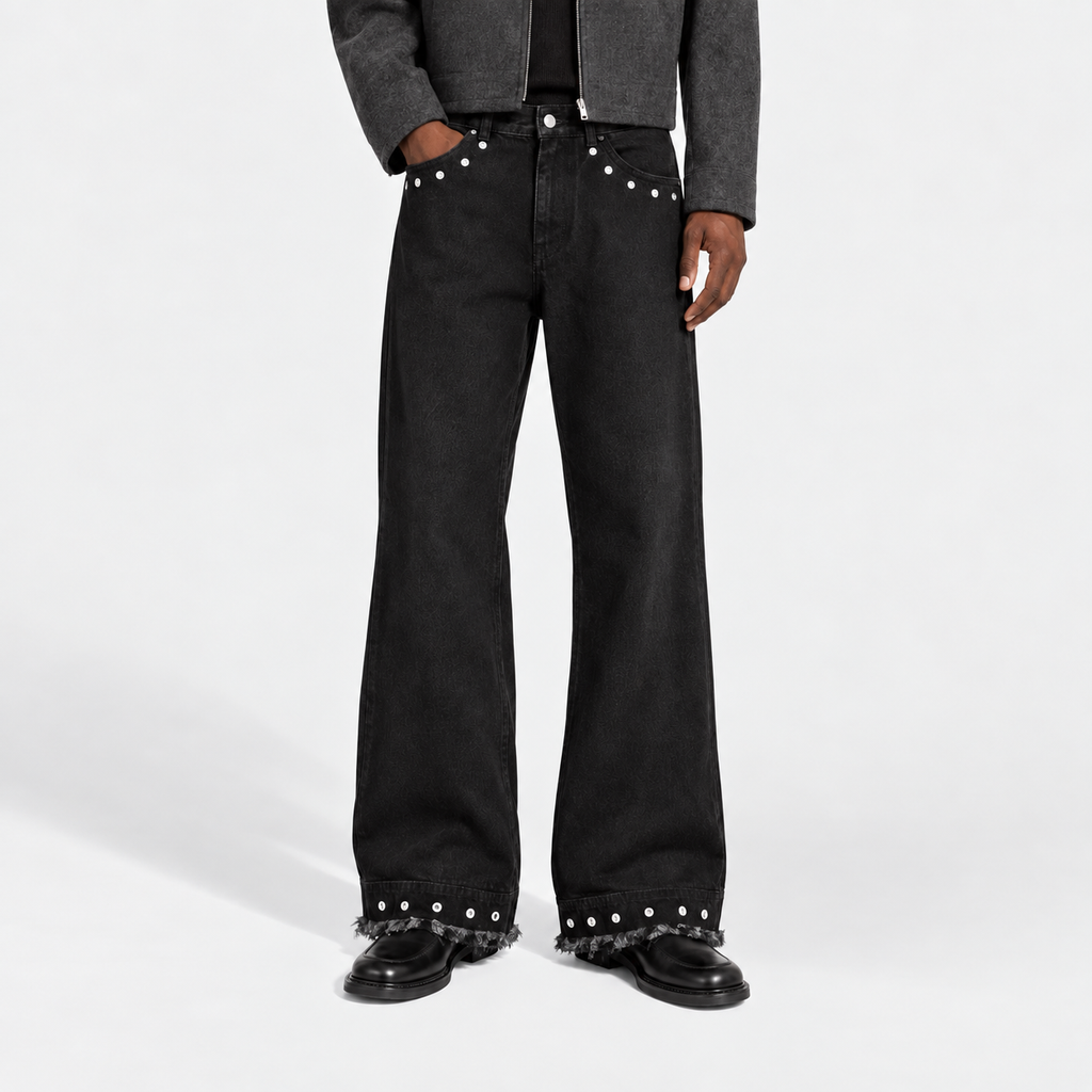 RAW-EDGED RIVET BLACK MEN JEANS